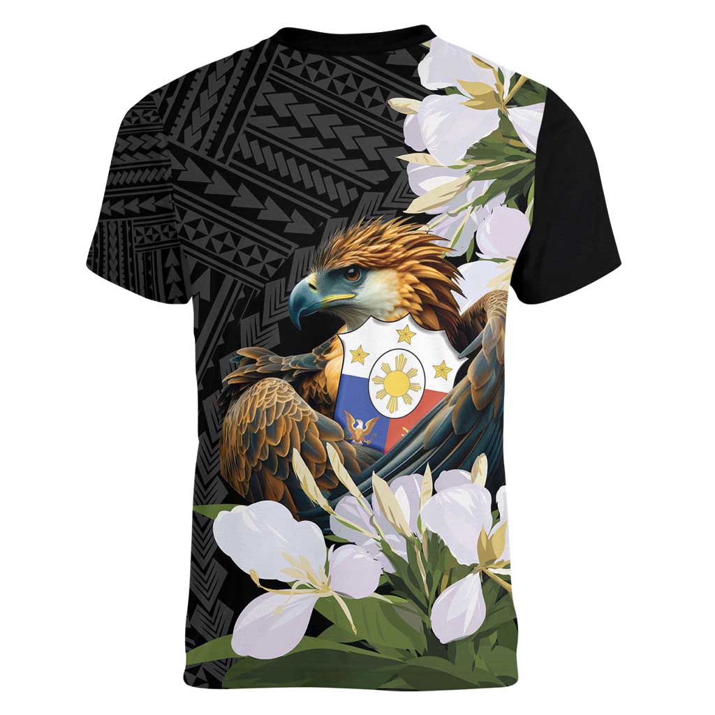 Philippines Eagle with Coat Of Arm Women V-Neck T-Shirt Simple Sampaguita Jasmine - Wonder Print Shop