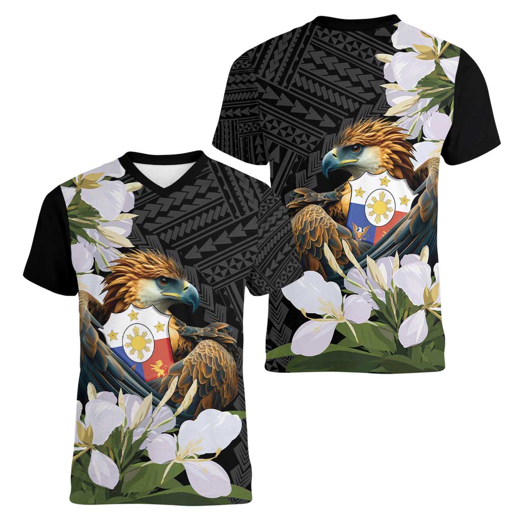 Philippines Eagle with Coat Of Arm Women V-Neck T-Shirt Simple Sampaguita Jasmine - Wonder Print Shop