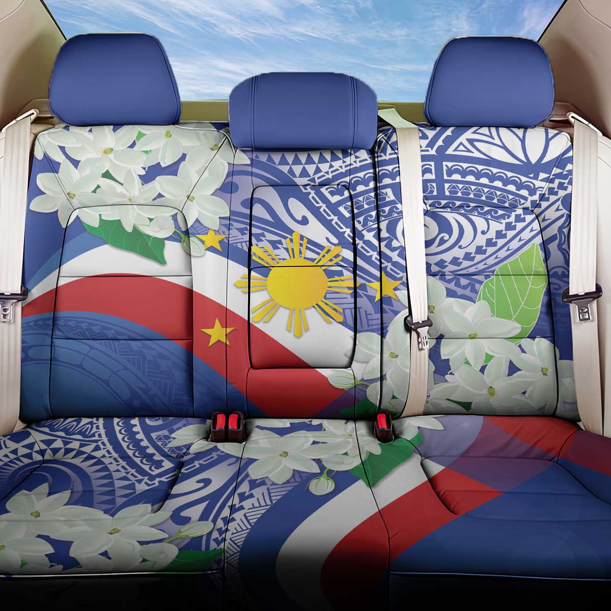 Philippines Flag Back Car Seat Cover Sampaguita Jasmine with Polynesian Tribal LT9 - Wonder Print Shop