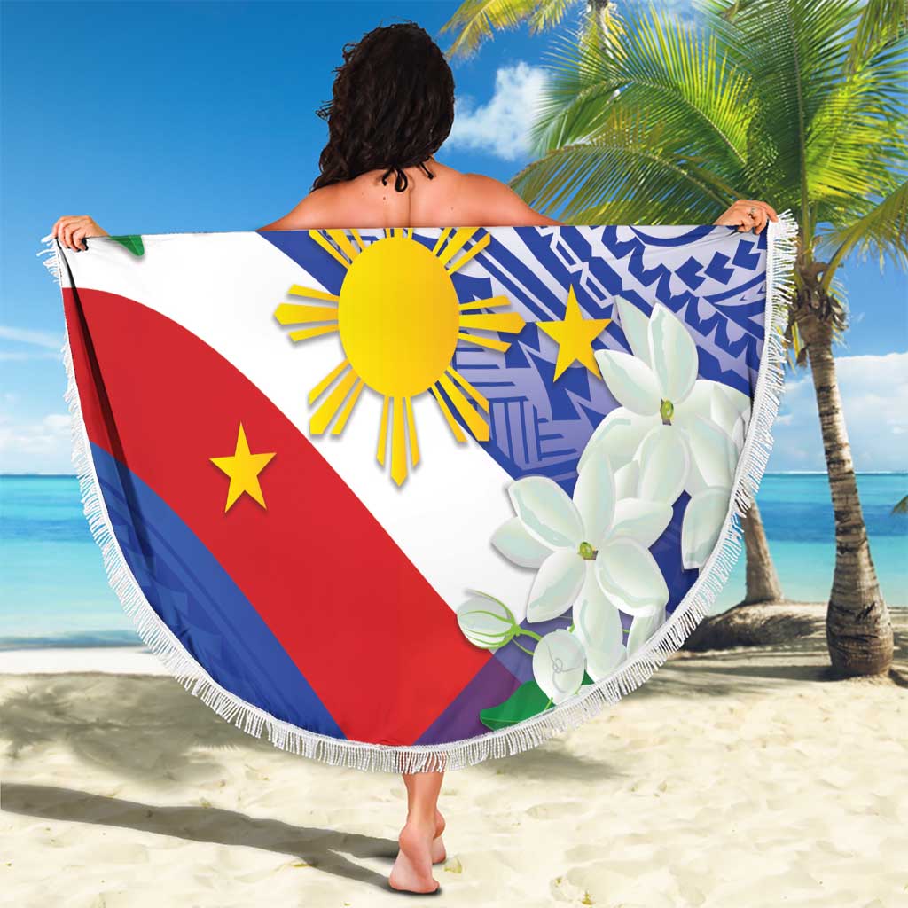 Philippines Flag Beach Blanket Sampaguita Jasmine with Polynesian Tribal LT9 - Wonder Print Shop