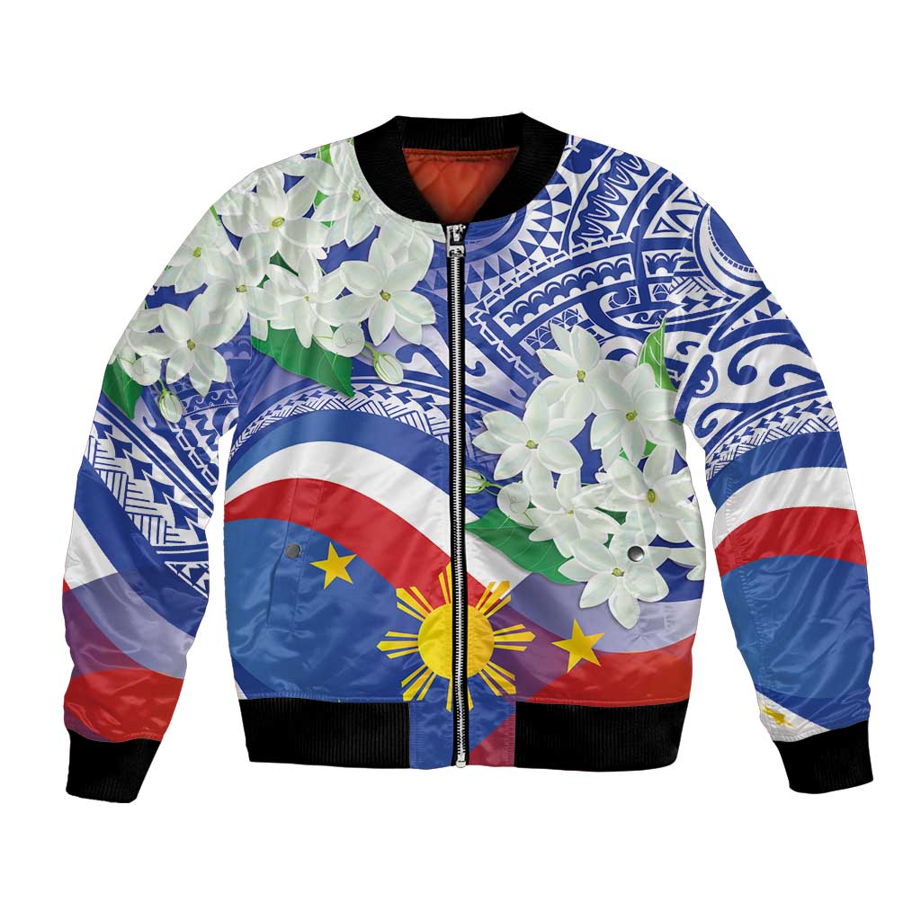 Philippines Flag Bomber Jacket Sampaguita Jasmine with Polynesian Tribal LT9 - Wonder Print Shop