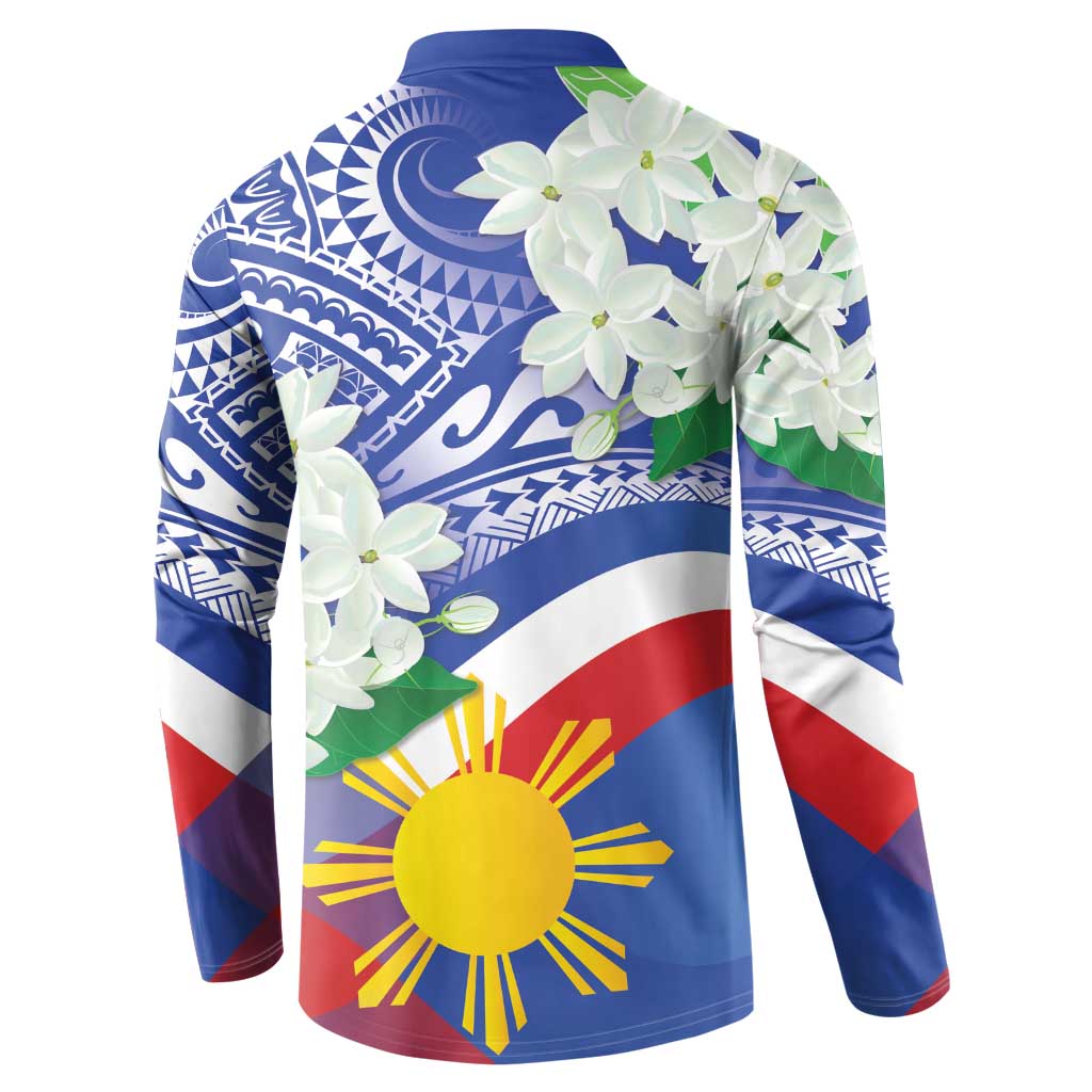 Philippines Flag Button Sweatshirt Sampaguita Jasmine with Polynesian Tribal LT9 - Wonder Print Shop