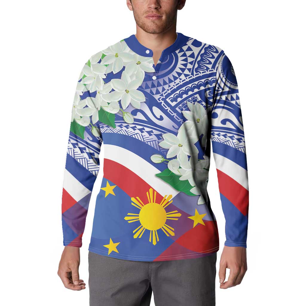 Philippines Flag Button Sweatshirt Sampaguita Jasmine with Polynesian Tribal LT9 - Wonder Print Shop