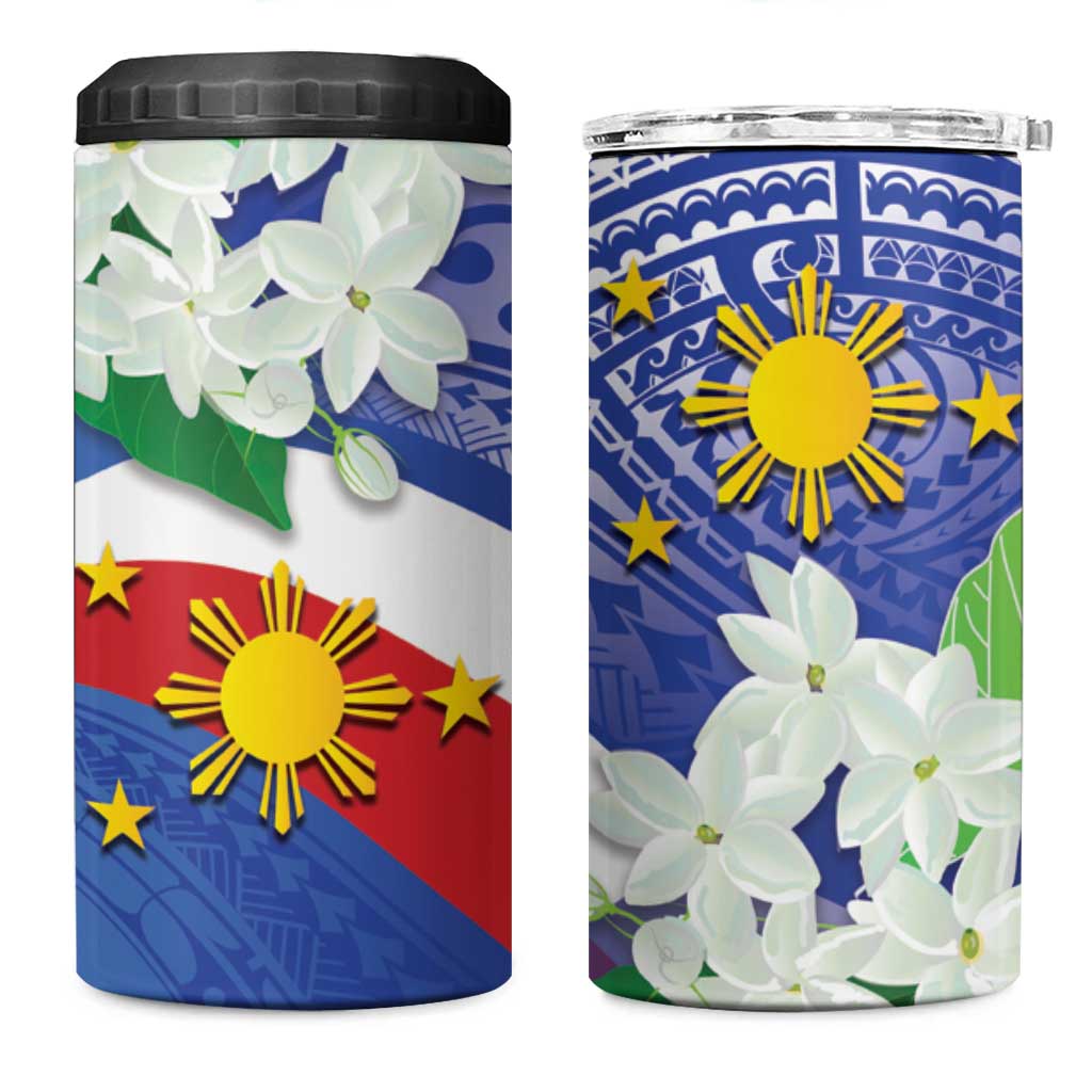 Philippines Flag 4 in 1 Can Cooler Tumbler Sampaguita Jasmine with Polynesian Tribal LT9 - Wonder Print Shop