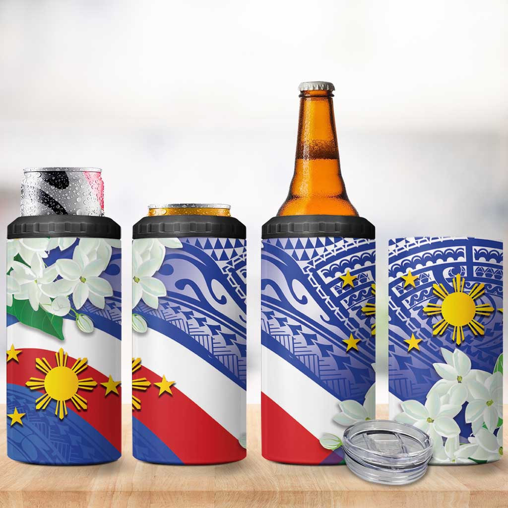 Philippines Flag 4 in 1 Can Cooler Tumbler Sampaguita Jasmine with Polynesian Tribal LT9 - Wonder Print Shop