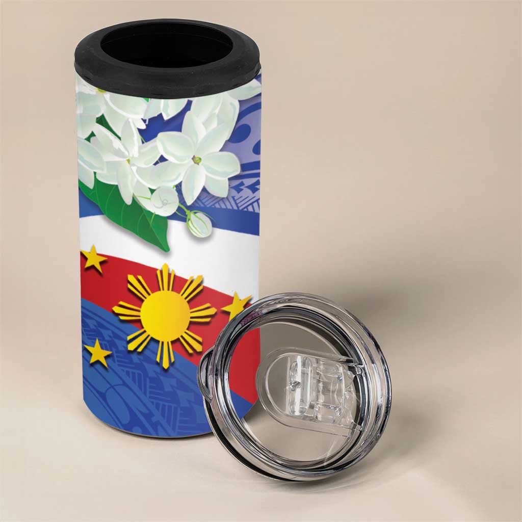 Philippines Flag 4 in 1 Can Cooler Tumbler Sampaguita Jasmine with Polynesian Tribal LT9 - Wonder Print Shop