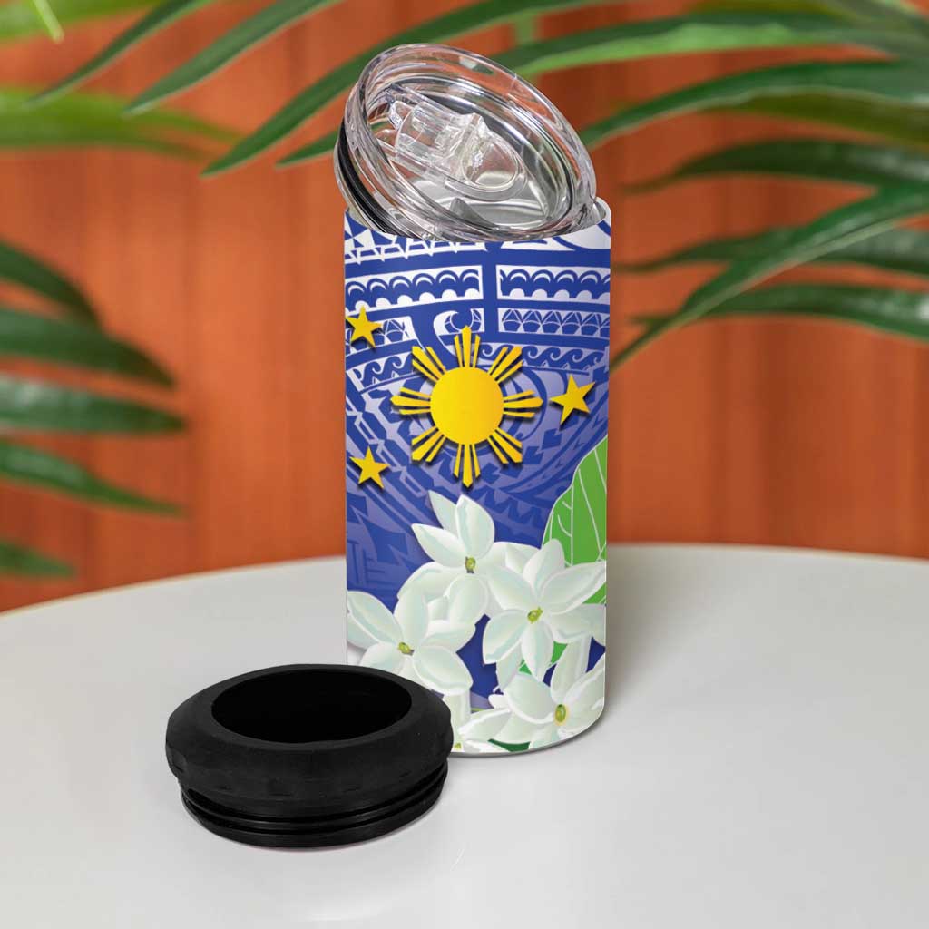 Philippines Flag 4 in 1 Can Cooler Tumbler Sampaguita Jasmine with Polynesian Tribal LT9 - Wonder Print Shop