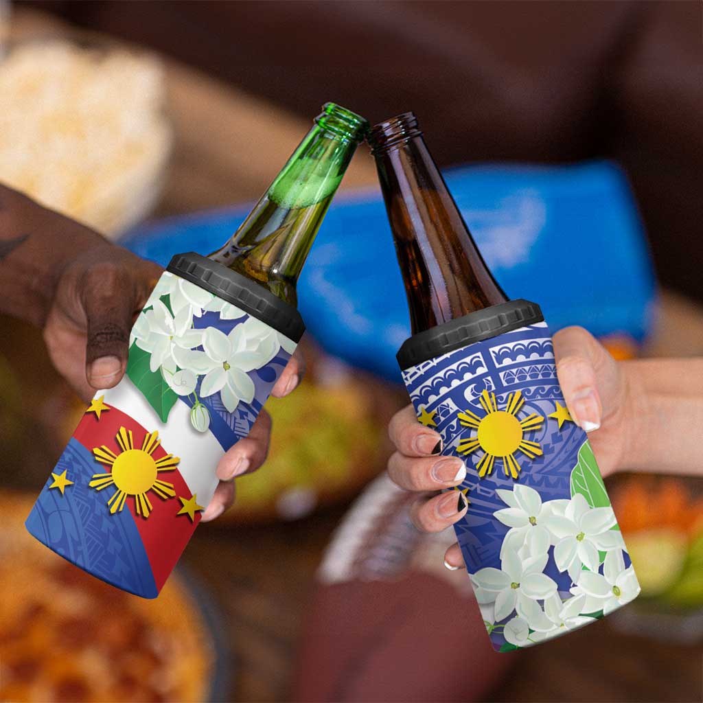 Philippines Flag 4 in 1 Can Cooler Tumbler Sampaguita Jasmine with Polynesian Tribal LT9 - Wonder Print Shop