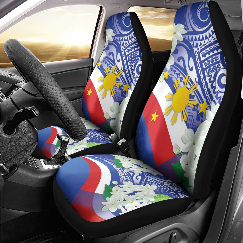 Philippines Flag Car Seat Cover Sampaguita Jasmine with Polynesian Tribal LT9 - Wonder Print Shop