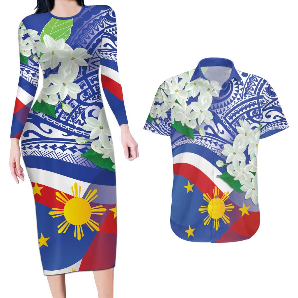 Philippines Flag Couples Matching Long Sleeve Bodycon Dress and Hawaiian Shirt Sampaguita Jasmine with Polynesian Tribal LT9 - Wonder Print Shop