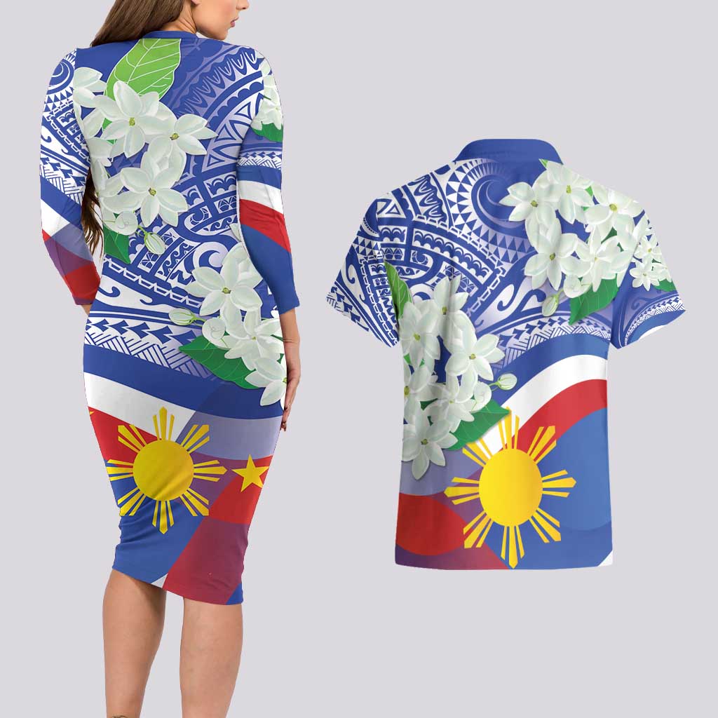 Philippines Flag Couples Matching Long Sleeve Bodycon Dress and Hawaiian Shirt Sampaguita Jasmine with Polynesian Tribal LT9 - Wonder Print Shop