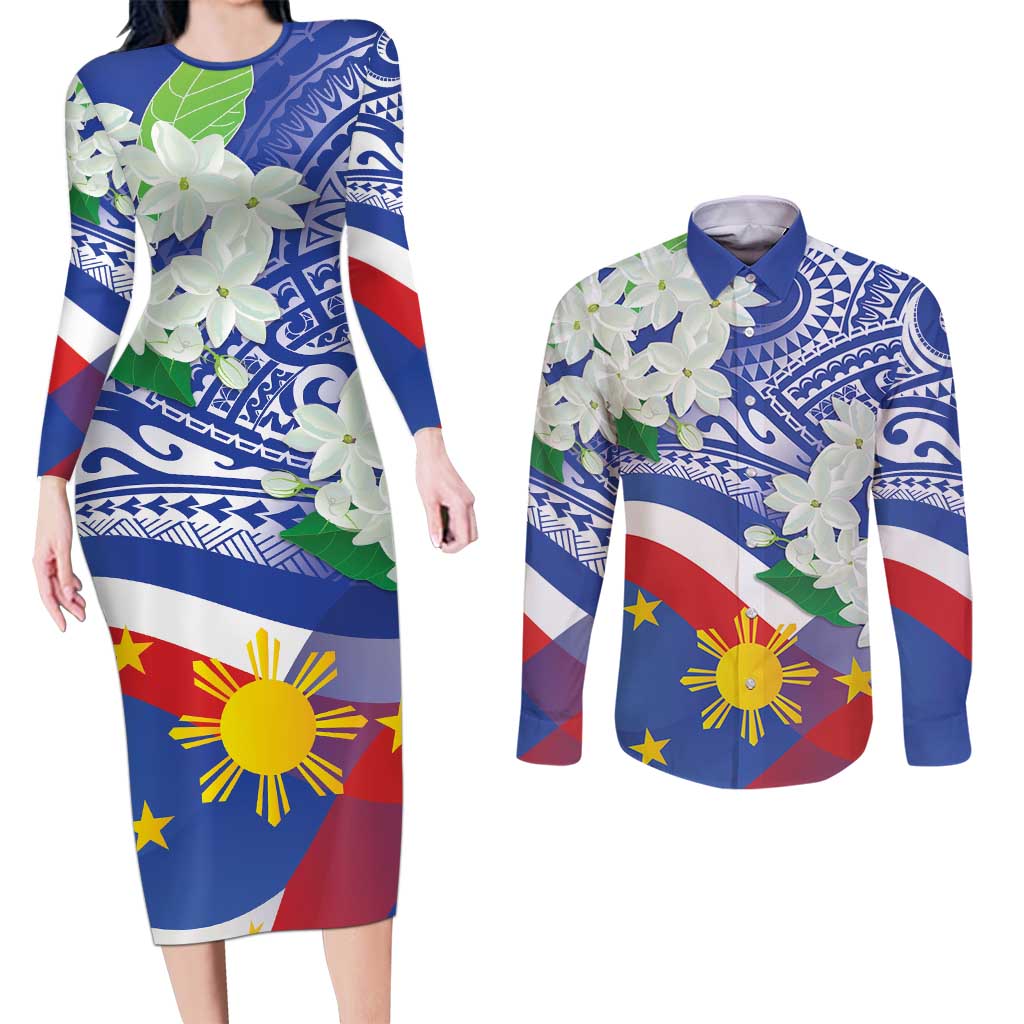Philippines Flag Couples Matching Long Sleeve Bodycon Dress and Long Sleeve Button Shirt Sampaguita Jasmine with Polynesian Tribal LT9 - Wonder Print Shop
