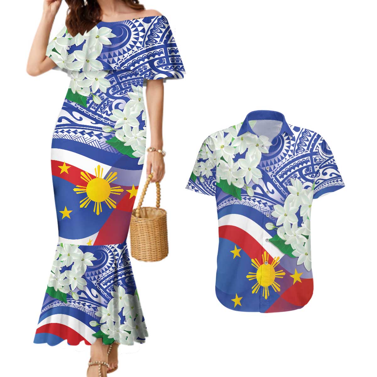 Philippines Flag Couples Matching Mermaid Dress and Hawaiian Shirt Sampaguita Jasmine with Polynesian Tribal LT9 - Wonder Print Shop