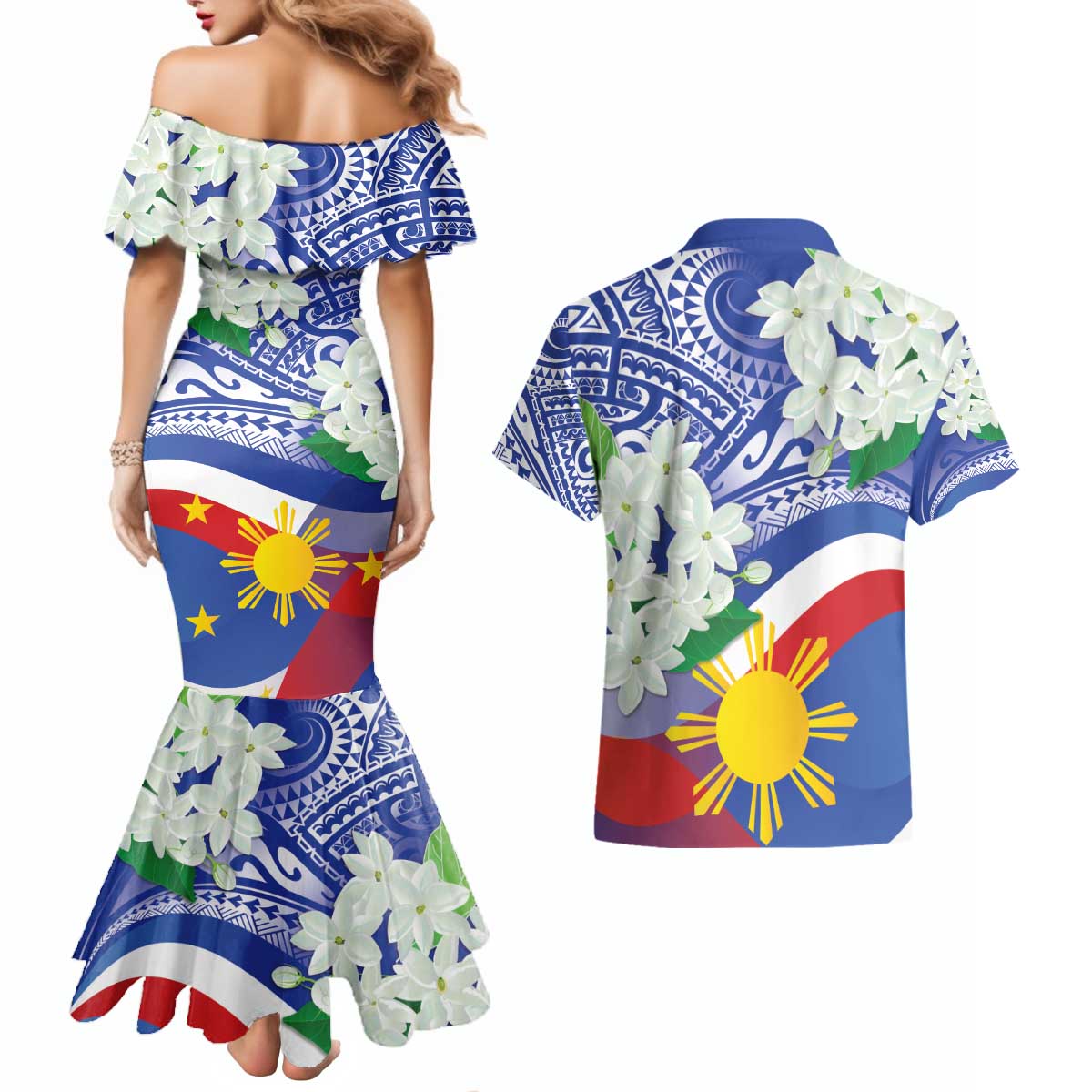Philippines Flag Couples Matching Mermaid Dress and Hawaiian Shirt Sampaguita Jasmine with Polynesian Tribal LT9 - Wonder Print Shop