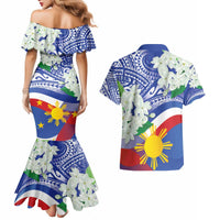 Philippines Flag Couples Matching Mermaid Dress and Hawaiian Shirt Sampaguita Jasmine with Polynesian Tribal LT9 - Wonder Print Shop