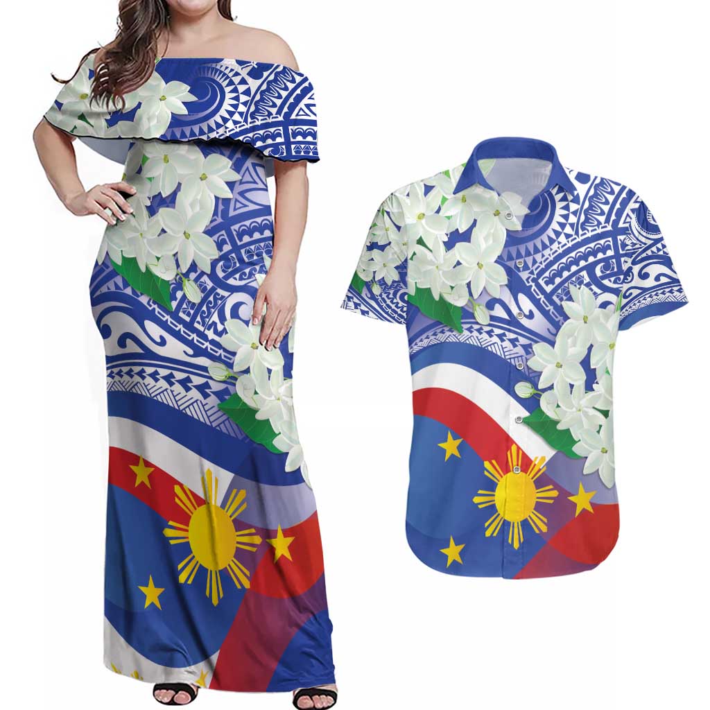 Philippines Flag Couples Matching Off Shoulder Maxi Dress and Hawaiian Shirt Sampaguita Jasmine with Polynesian Tribal LT9 - Wonder Print Shop