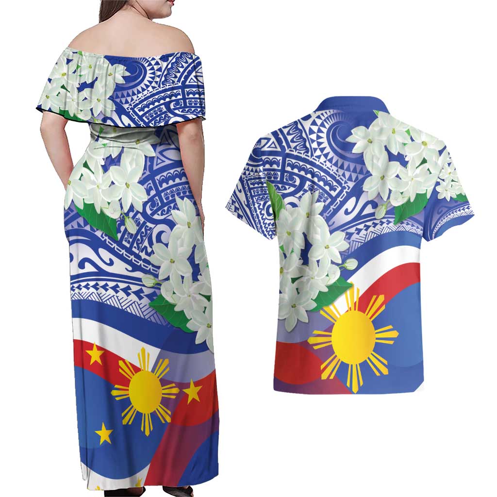 Philippines Flag Couples Matching Off Shoulder Maxi Dress and Hawaiian Shirt Sampaguita Jasmine with Polynesian Tribal LT9 - Wonder Print Shop
