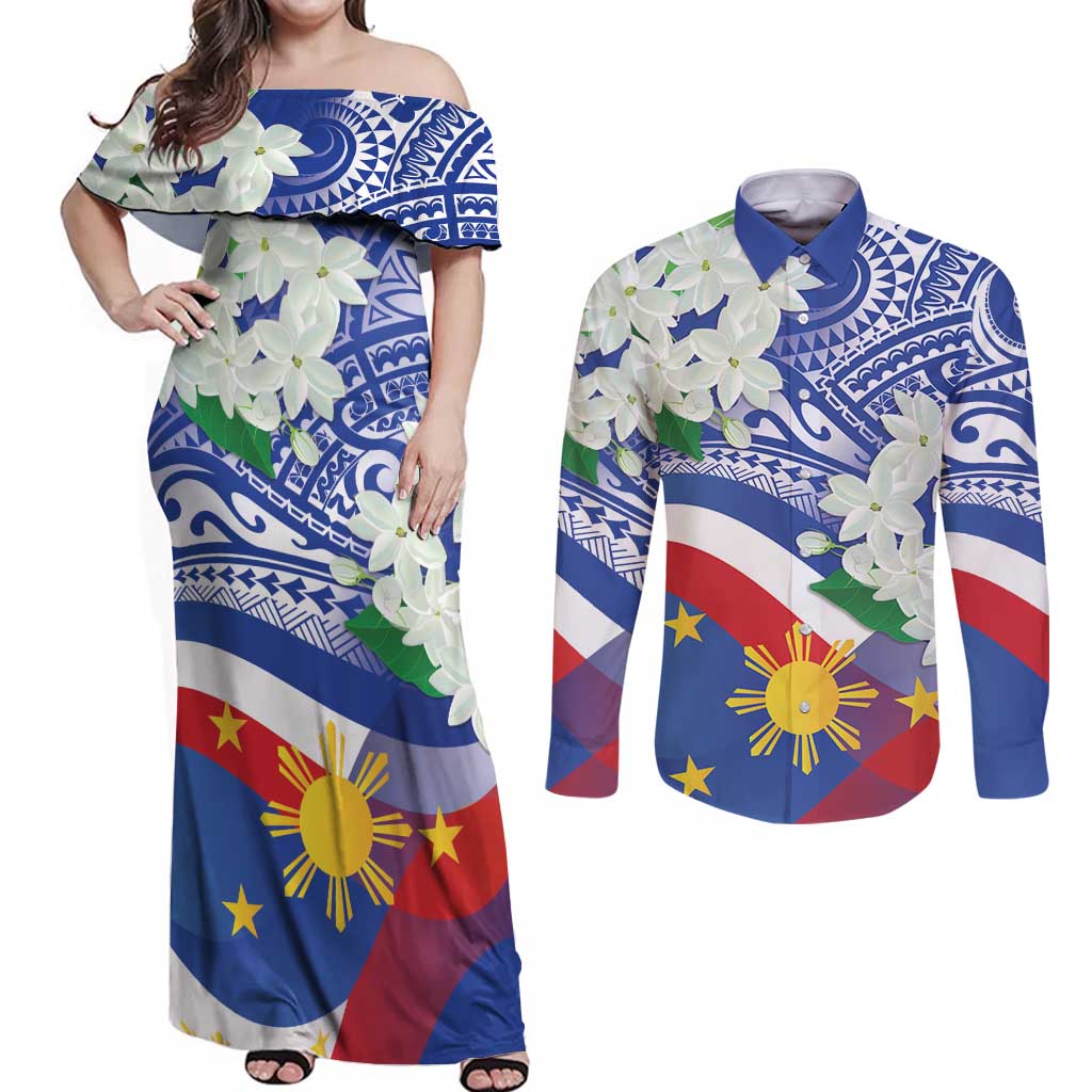 Philippines Flag Couples Matching Off Shoulder Maxi Dress and Long Sleeve Button Shirt Sampaguita Jasmine with Polynesian Tribal LT9 - Wonder Print Shop