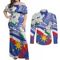 Philippines Flag Couples Matching Off Shoulder Maxi Dress and Long Sleeve Button Shirt Sampaguita Jasmine with Polynesian Tribal LT9 - Wonder Print Shop