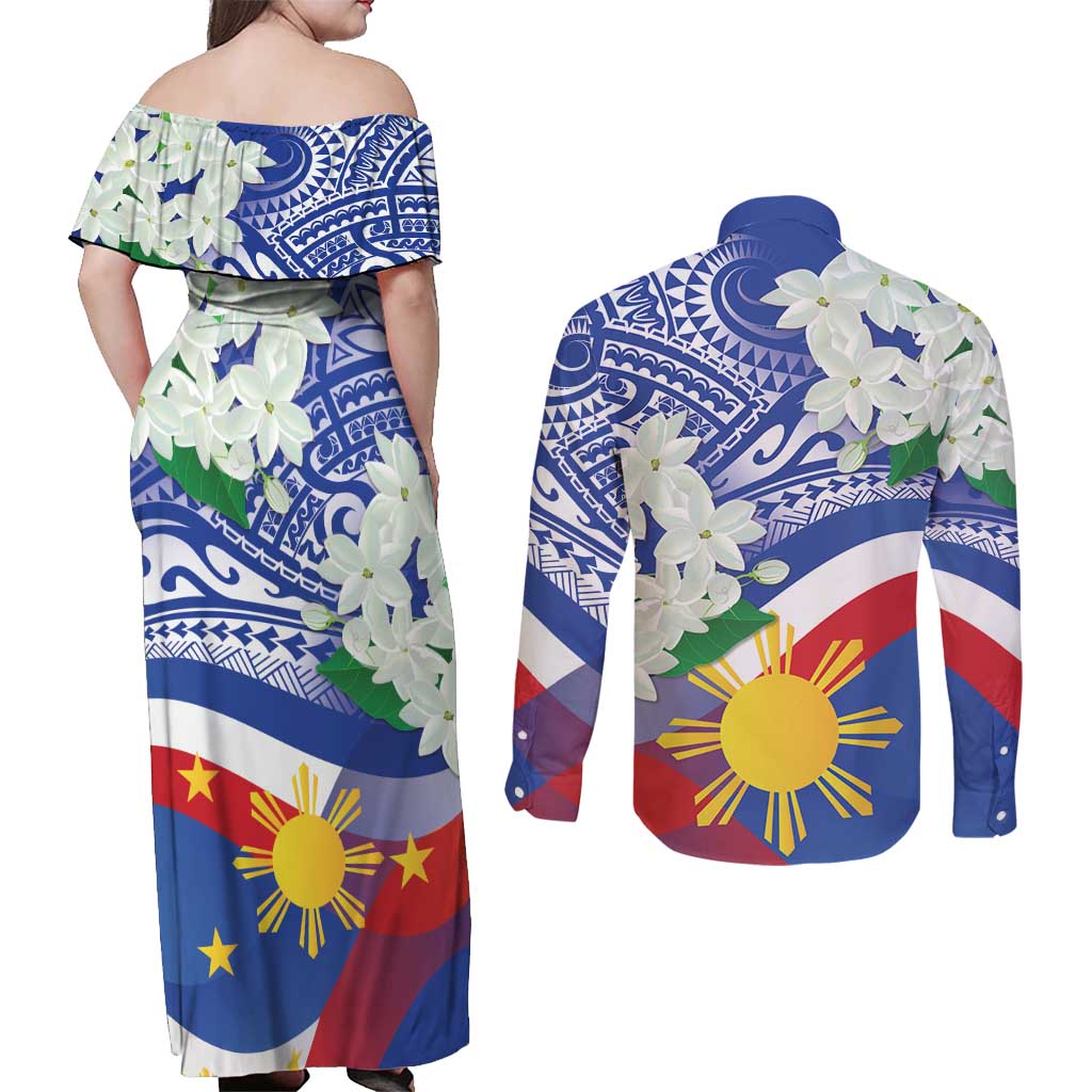 Philippines Flag Couples Matching Off Shoulder Maxi Dress and Long Sleeve Button Shirt Sampaguita Jasmine with Polynesian Tribal LT9 - Wonder Print Shop