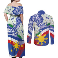 Philippines Flag Couples Matching Off Shoulder Maxi Dress and Long Sleeve Button Shirt Sampaguita Jasmine with Polynesian Tribal LT9 - Wonder Print Shop