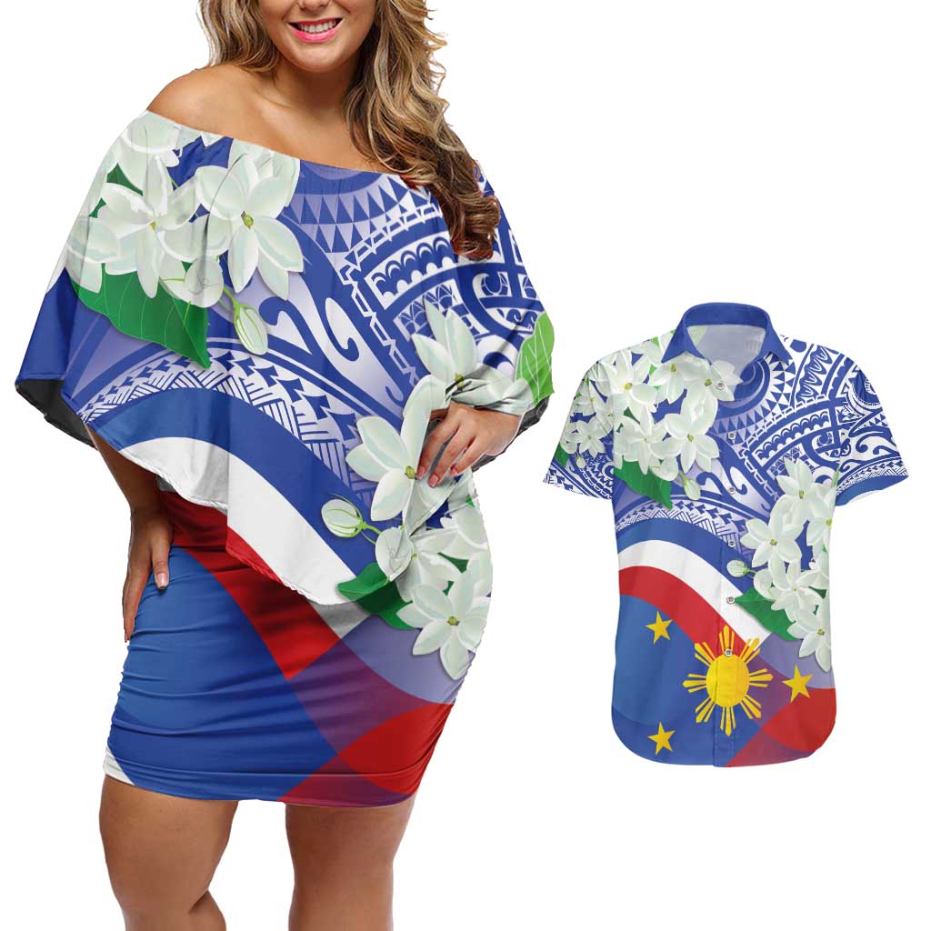 Philippines Flag Couples Matching Off Shoulder Short Dress and Hawaiian Shirt Sampaguita Jasmine with Polynesian Tribal LT9 - Wonder Print Shop