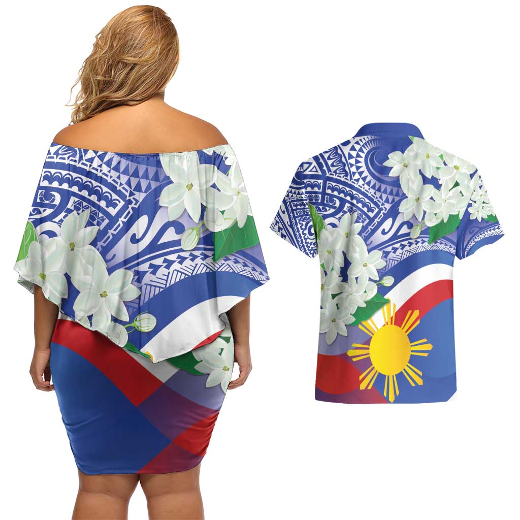 Philippines Flag Couples Matching Off Shoulder Short Dress and Hawaiian Shirt Sampaguita Jasmine with Polynesian Tribal LT9 - Wonder Print Shop