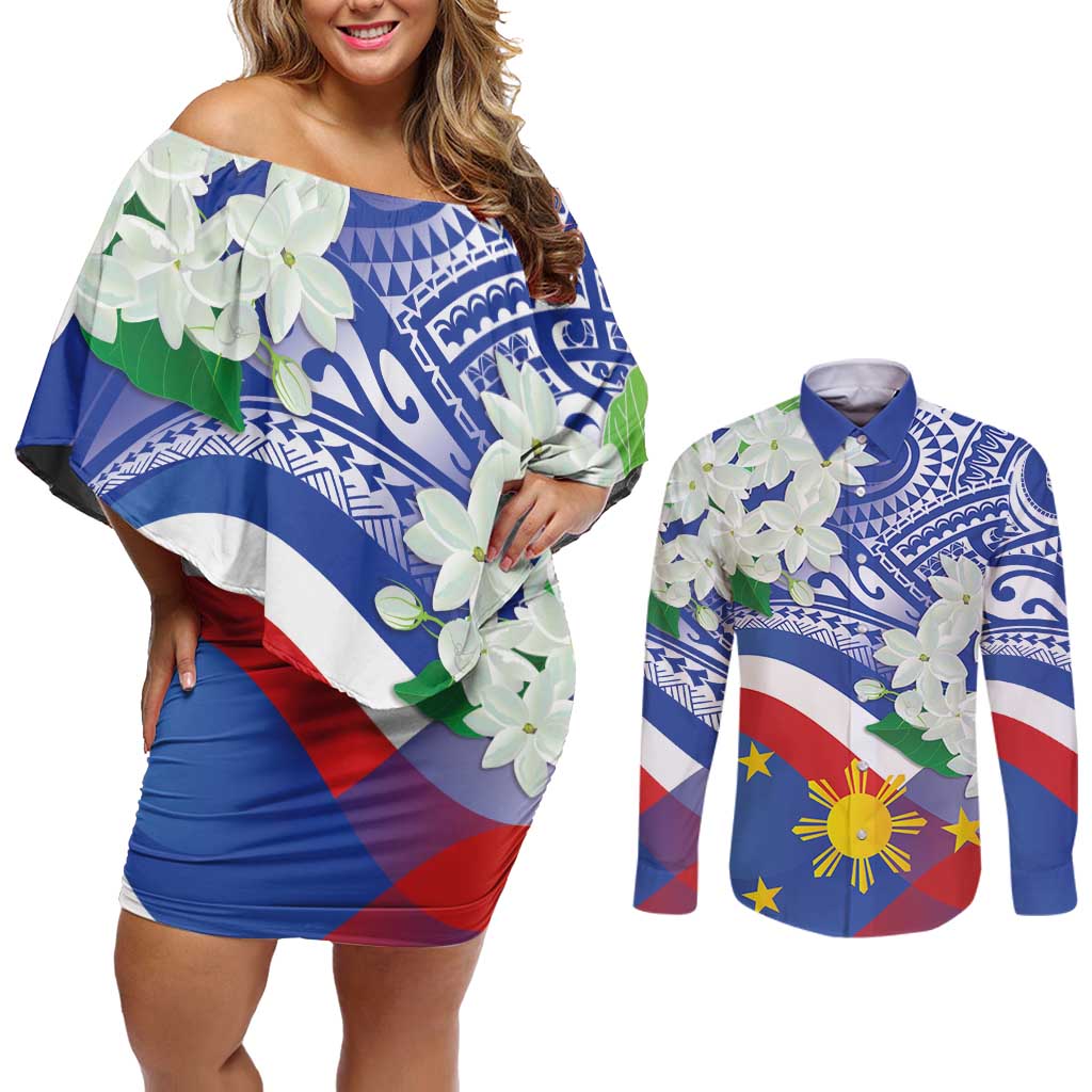 Philippines Flag Couples Matching Off Shoulder Short Dress and Long Sleeve Button Shirt Sampaguita Jasmine with Polynesian Tribal LT9 - Wonder Print Shop