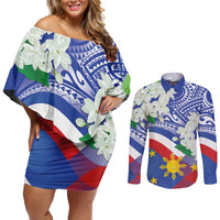 Philippines Flag Couples Matching Off Shoulder Short Dress and Long Sleeve Button Shirt Sampaguita Jasmine with Polynesian Tribal LT9 - Wonder Print Shop