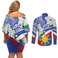 Philippines Flag Couples Matching Off Shoulder Short Dress and Long Sleeve Button Shirt Sampaguita Jasmine with Polynesian Tribal LT9 - Wonder Print Shop