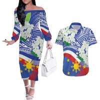 Philippines Flag Couples Matching Off The Shoulder Long Sleeve Dress and Hawaiian Shirt Sampaguita Jasmine with Polynesian Tribal LT9 - Wonder Print Shop