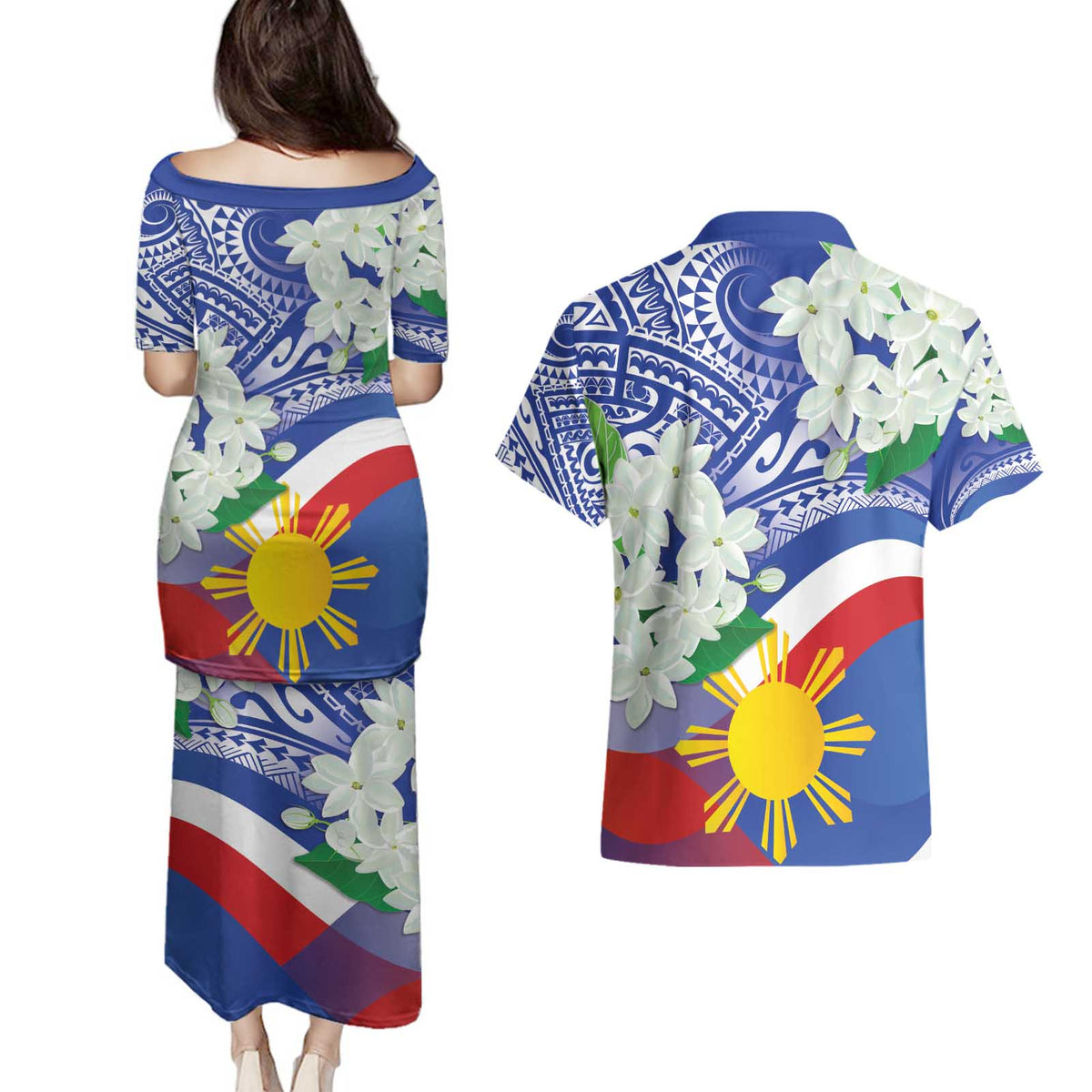 Philippines Flag Couples Matching Puletasi and Hawaiian Shirt Sampaguita Jasmine with Polynesian Tribal LT9 - Wonder Print Shop