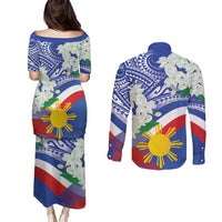 Philippines Flag Couples Matching Puletasi and Long Sleeve Button Shirt Sampaguita Jasmine with Polynesian Tribal LT9 - Wonder Print Shop