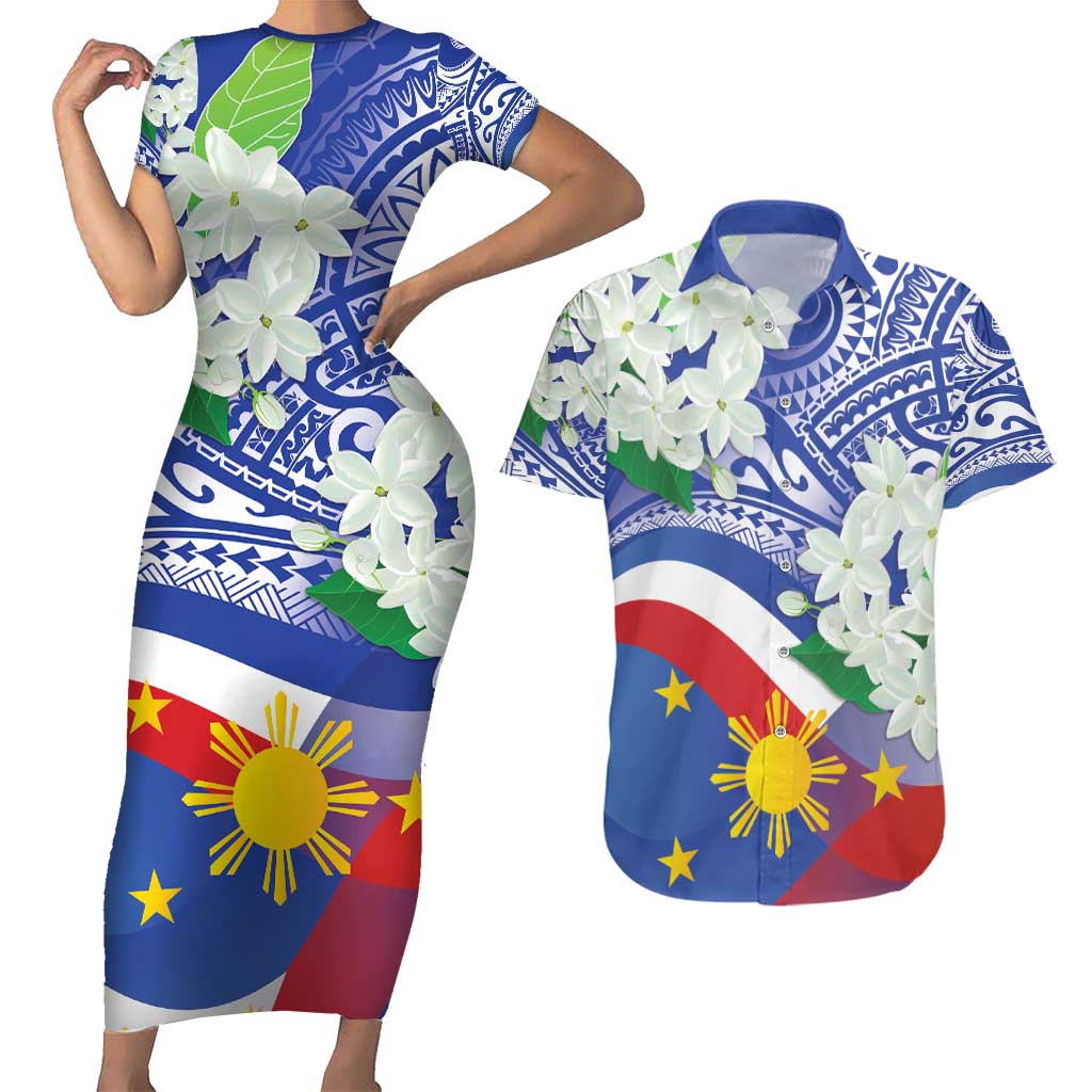 Philippines Flag Couples Matching Short Sleeve Bodycon Dress and Hawaiian Shirt Sampaguita Jasmine with Polynesian Tribal LT9 - Wonder Print Shop