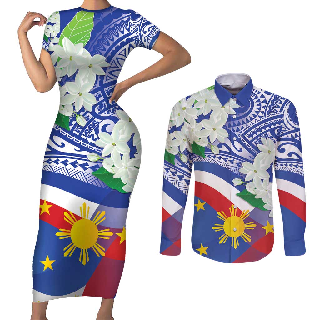 Philippines Flag Couples Matching Short Sleeve Bodycon Dress and Long Sleeve Button Shirt Sampaguita Jasmine with Polynesian Tribal LT9 - Wonder Print Shop