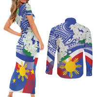 Philippines Flag Couples Matching Short Sleeve Bodycon Dress and Long Sleeve Button Shirt Sampaguita Jasmine with Polynesian Tribal LT9 - Wonder Print Shop