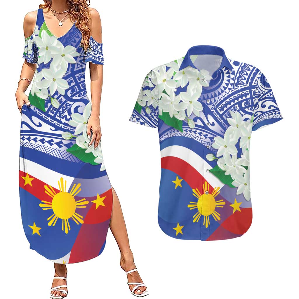 Philippines Flag Couples Matching Summer Maxi Dress and Hawaiian Shirt Sampaguita Jasmine with Polynesian Tribal LT9 - Wonder Print Shop