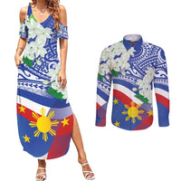 Philippines Flag Couples Matching Summer Maxi Dress and Long Sleeve Button Shirt Sampaguita Jasmine with Polynesian Tribal LT9 - Wonder Print Shop