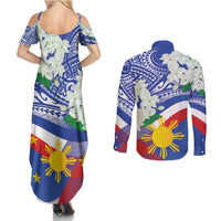 Philippines Flag Couples Matching Summer Maxi Dress and Long Sleeve Button Shirt Sampaguita Jasmine with Polynesian Tribal LT9 - Wonder Print Shop
