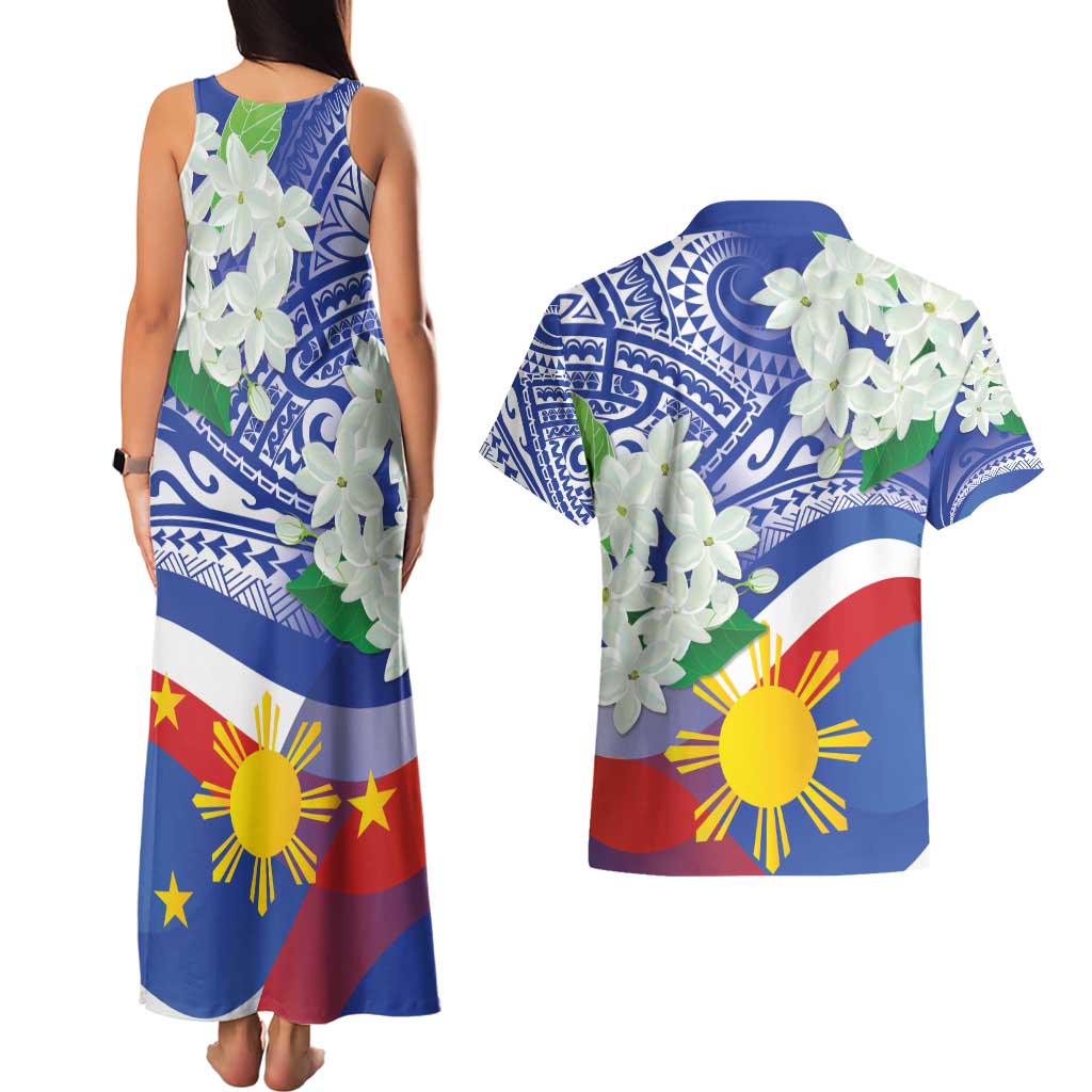 Philippines Flag Couples Matching Tank Maxi Dress and Hawaiian Shirt Sampaguita Jasmine with Polynesian Tribal LT9 - Wonder Print Shop