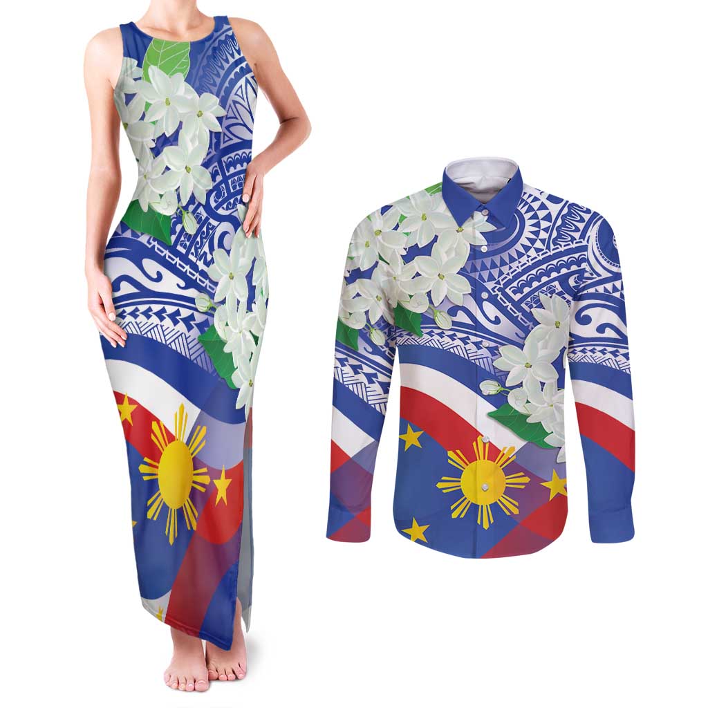 Philippines Flag Couples Matching Tank Maxi Dress and Long Sleeve Button Shirt Sampaguita Jasmine with Polynesian Tribal LT9 - Wonder Print Shop