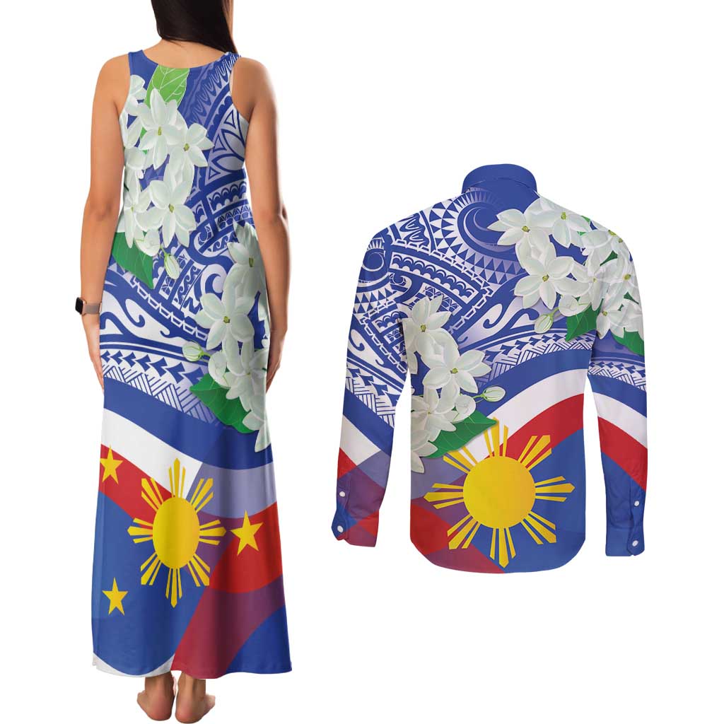 Philippines Flag Couples Matching Tank Maxi Dress and Long Sleeve Button Shirt Sampaguita Jasmine with Polynesian Tribal LT9 - Wonder Print Shop