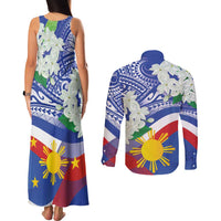 Philippines Flag Couples Matching Tank Maxi Dress and Long Sleeve Button Shirt Sampaguita Jasmine with Polynesian Tribal LT9 - Wonder Print Shop