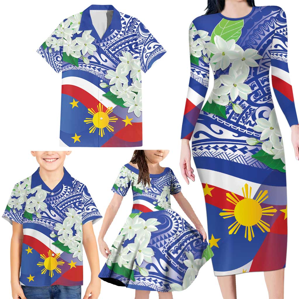 Philippines Flag Family Matching Long Sleeve Bodycon Dress and Hawaiian Shirt Sampaguita Jasmine with Polynesian Tribal LT9 - Wonder Print Shop