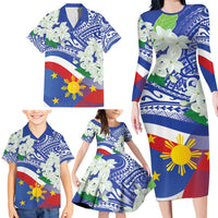 Philippines Flag Family Matching Long Sleeve Bodycon Dress and Hawaiian Shirt Sampaguita Jasmine with Polynesian Tribal LT9 - Wonder Print Shop