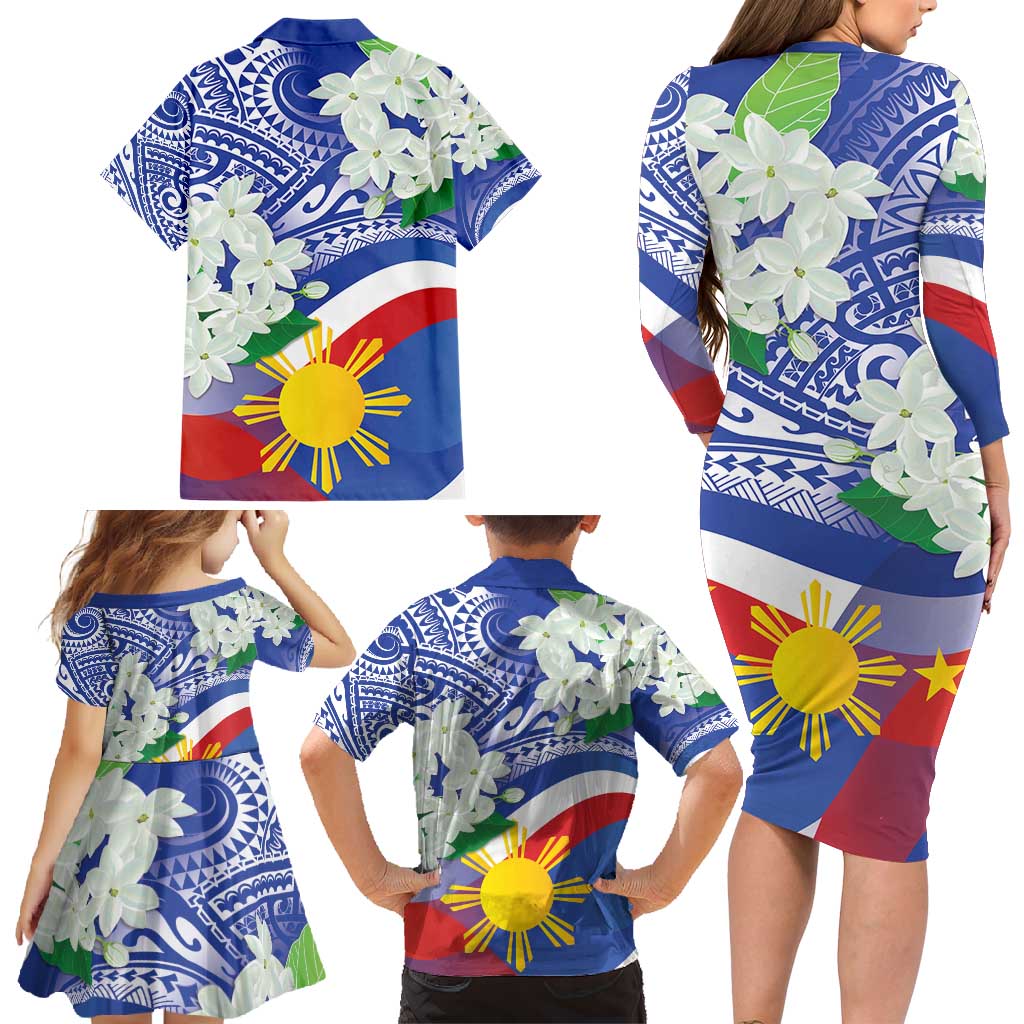 Philippines Flag Family Matching Long Sleeve Bodycon Dress and Hawaiian Shirt Sampaguita Jasmine with Polynesian Tribal LT9 - Wonder Print Shop