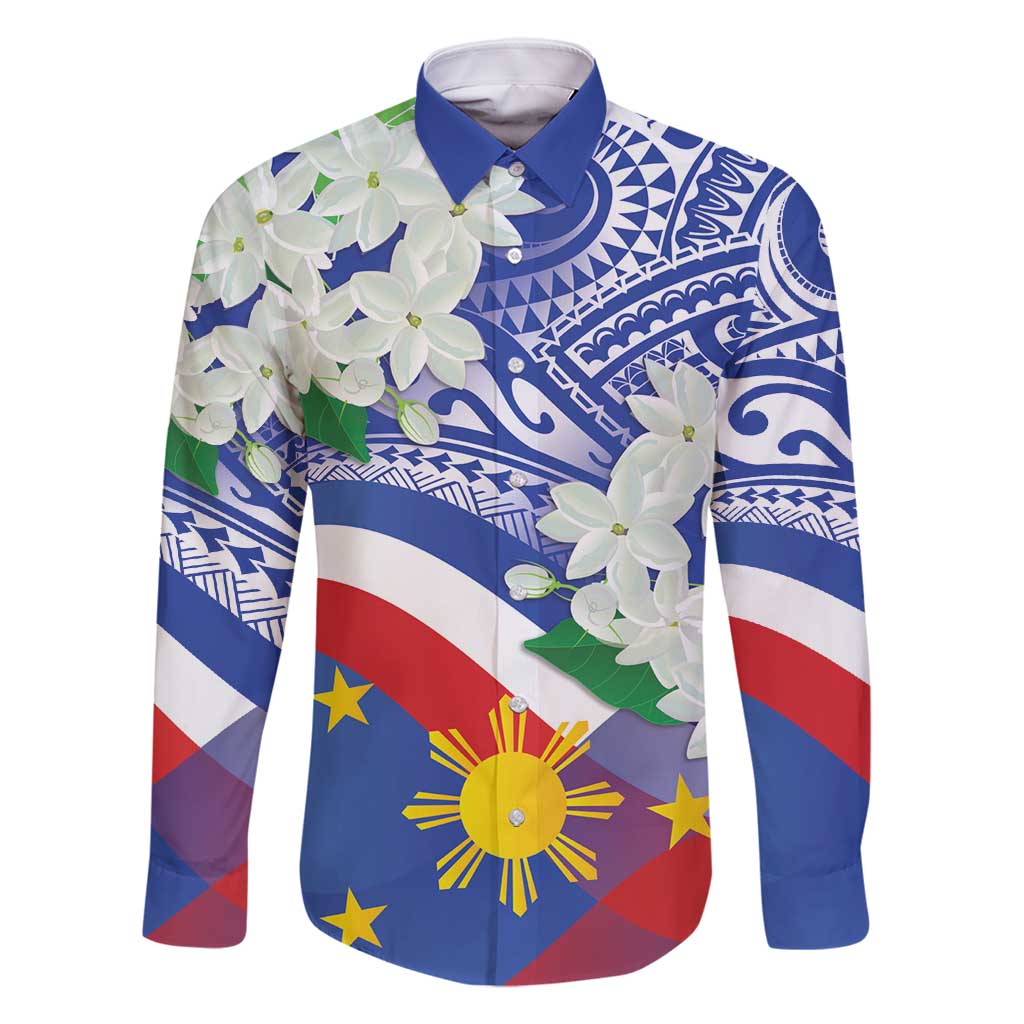 Philippines Flag Family Matching Long Sleeve Bodycon Dress and Hawaiian Shirt Sampaguita Jasmine with Polynesian Tribal LT9 - Wonder Print Shop