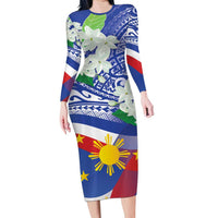 Philippines Flag Family Matching Long Sleeve Bodycon Dress and Hawaiian Shirt Sampaguita Jasmine with Polynesian Tribal LT9 - Wonder Print Shop