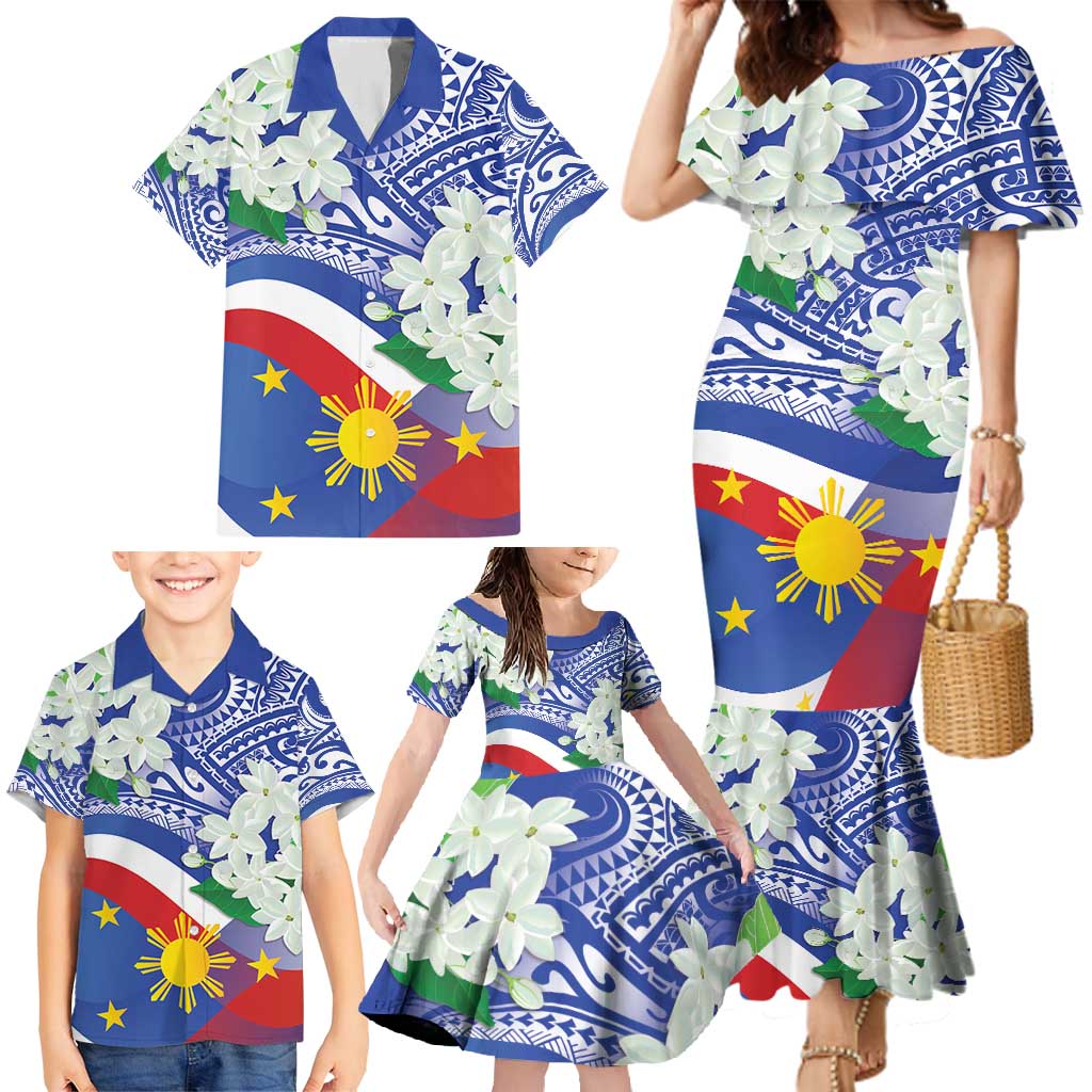 Philippines Flag Family Matching Mermaid Dress and Hawaiian Shirt Sampaguita Jasmine with Polynesian Tribal LT9 - Wonder Print Shop