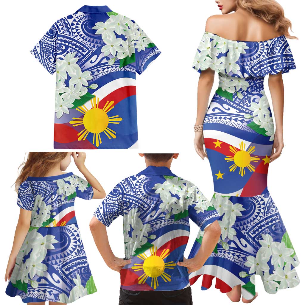 Philippines Flag Family Matching Mermaid Dress and Hawaiian Shirt Sampaguita Jasmine with Polynesian Tribal LT9 - Wonder Print Shop